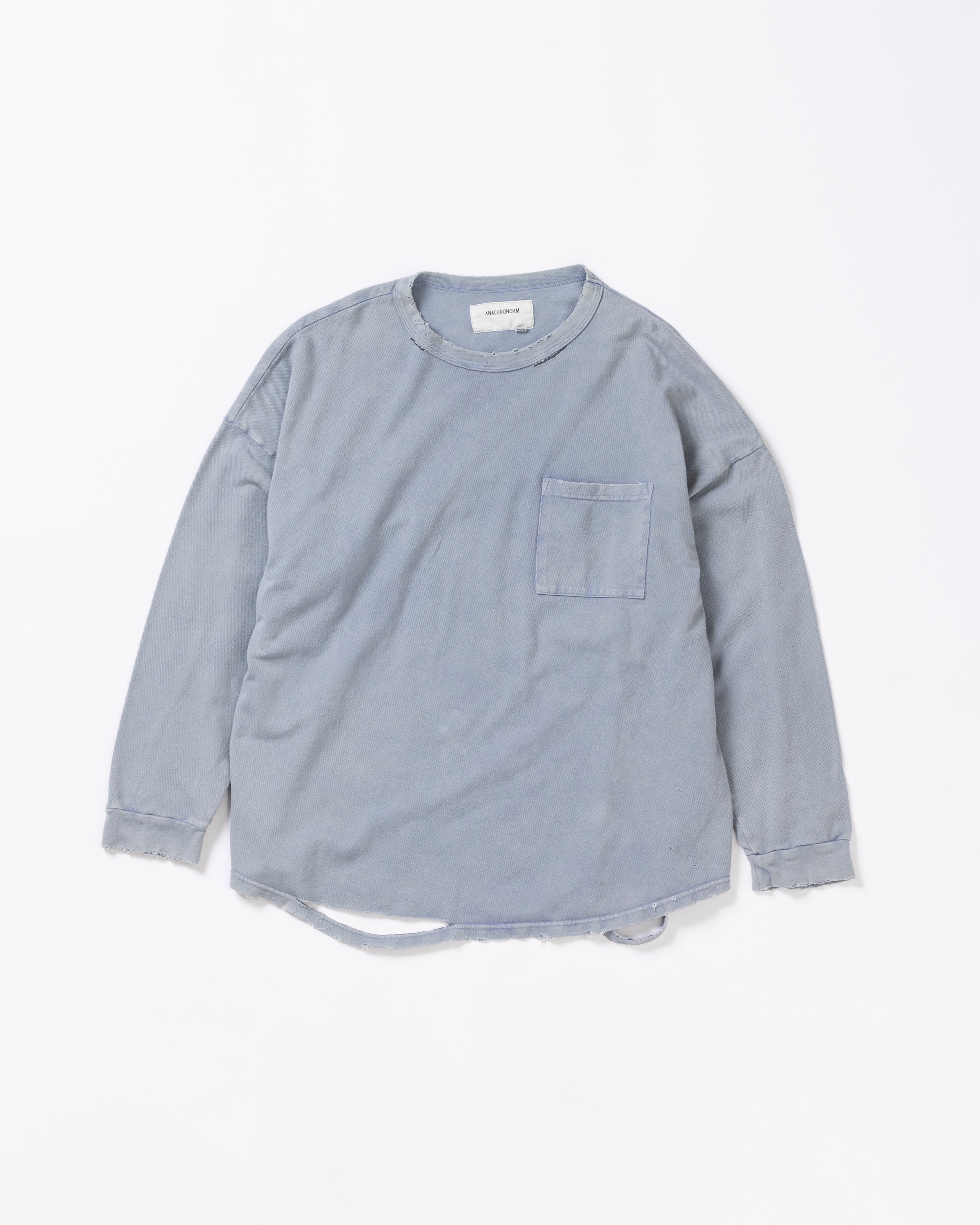 ANACHRONORM / MOSS STITCH DAMAGED POCKET L/S T-S - BLUE GRAY