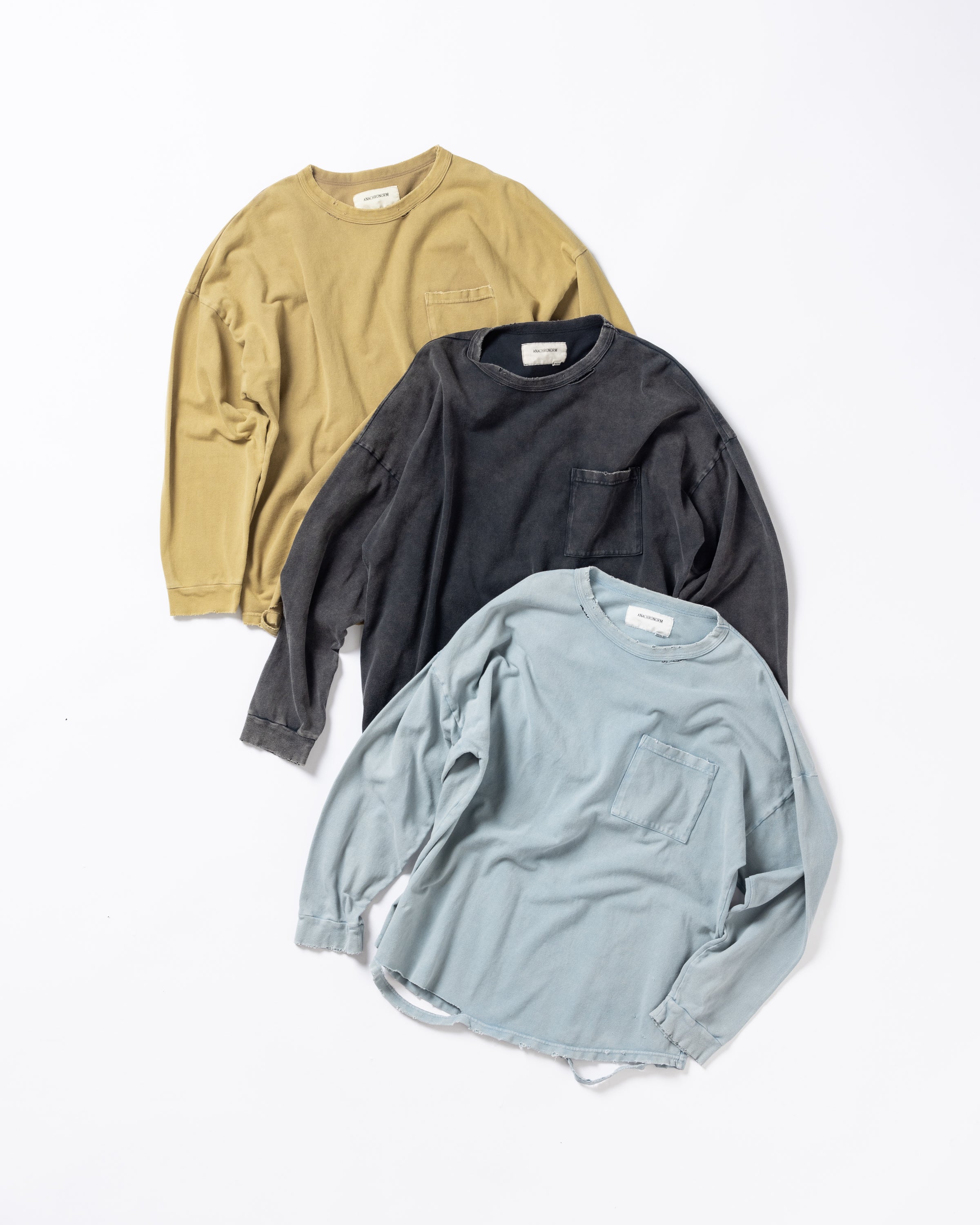 ANACHRONORM / MOSS STITCH DAMAGED POCKET L/S T-S - BLUE GRAY