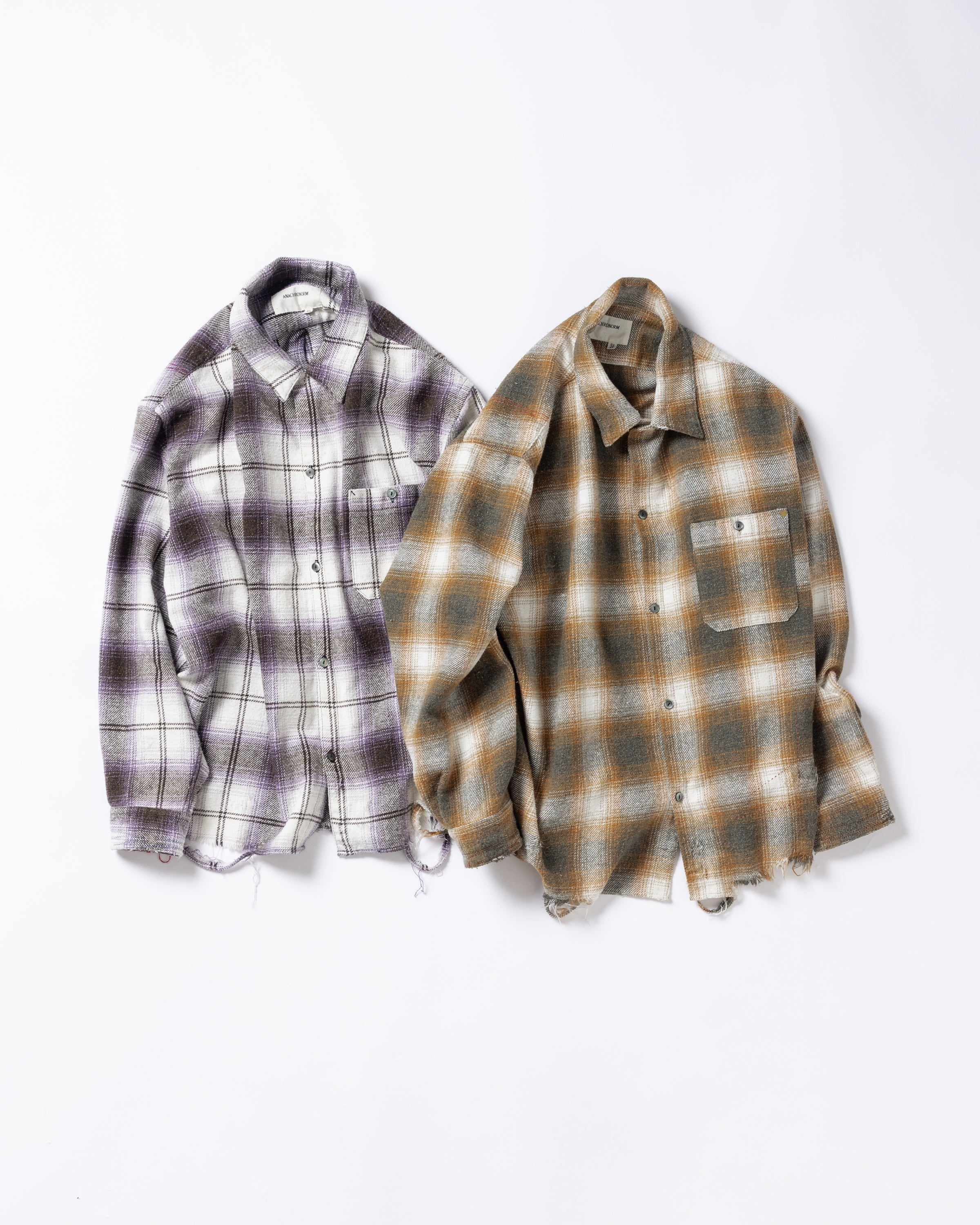 ANACHRONORM /OMBRE CHECK DAMAGED WIDE FLANNEL SHIRTS