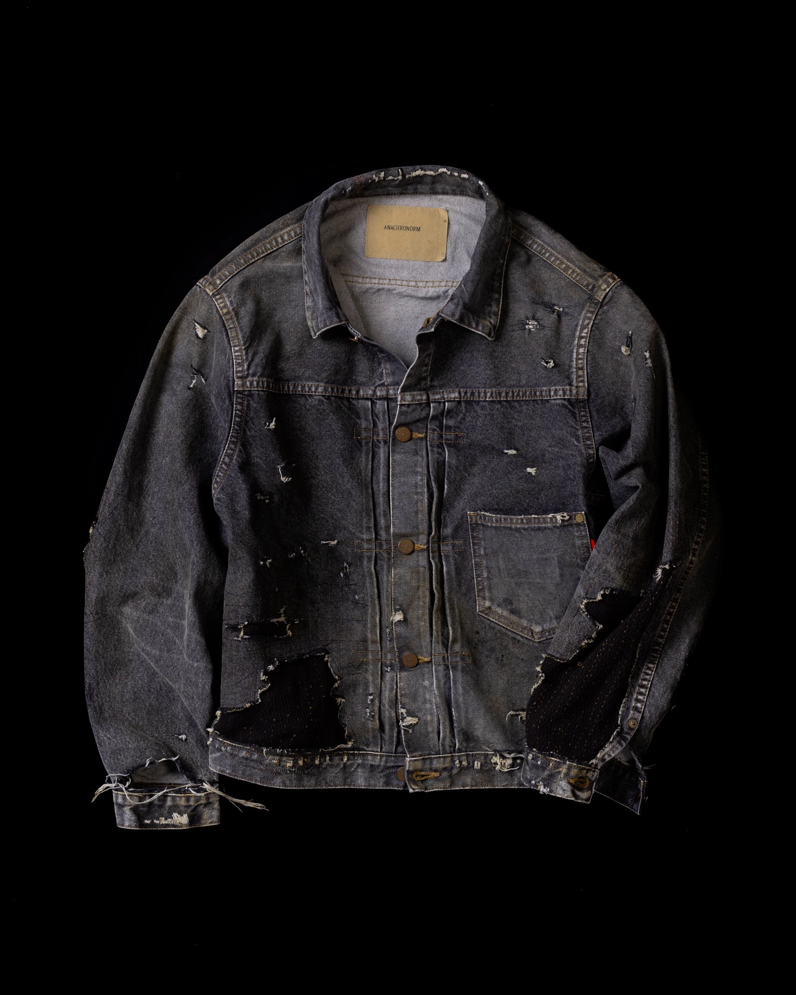 ANACHRONORM / FRONT TUCK REMAKED BLACK DENIM JACKET - BLACK(REMAKE)