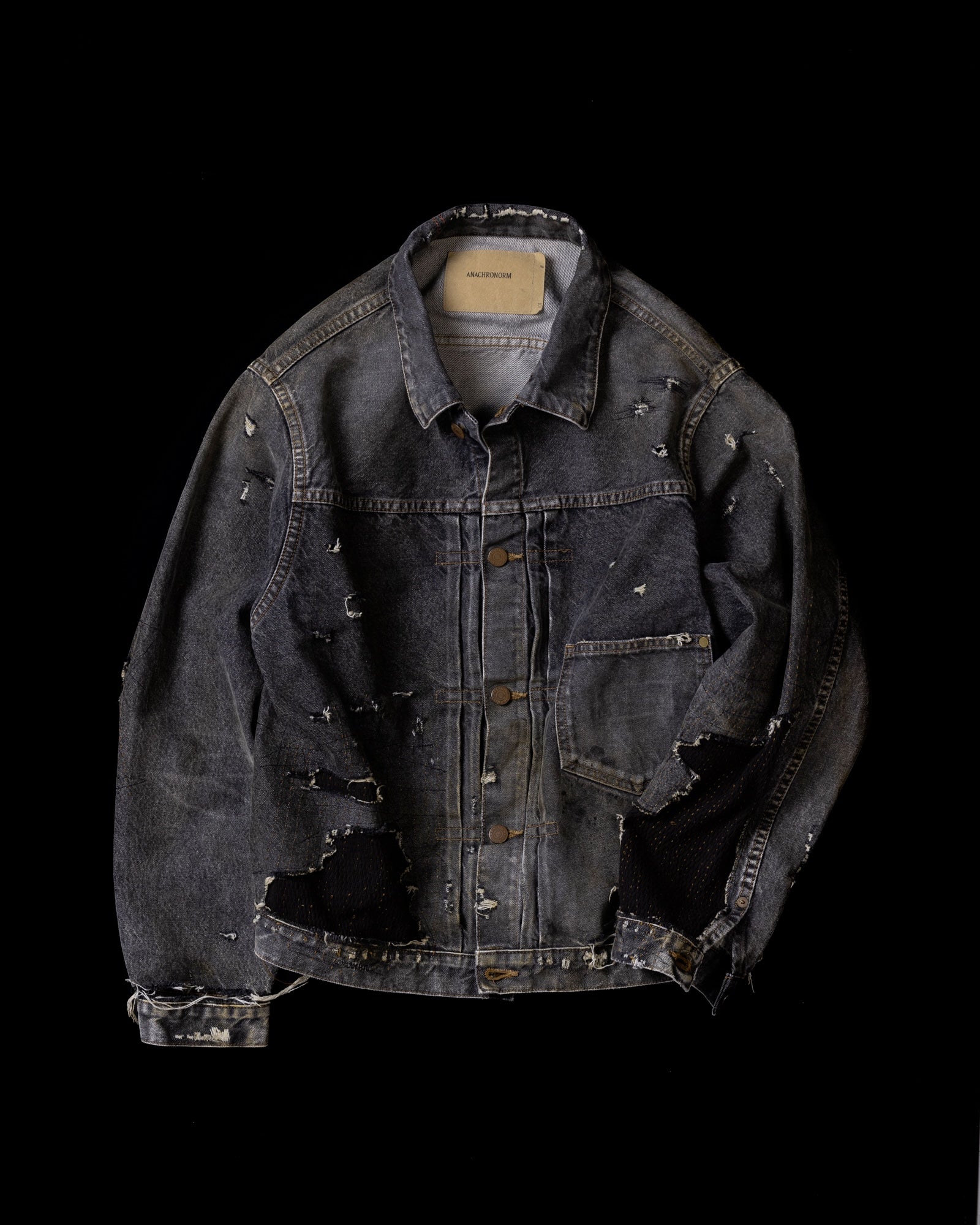 ANACHRONORM / FRONT TUCK REMAKED BLACK DENIM JACKET - BLACK(REMAKE)